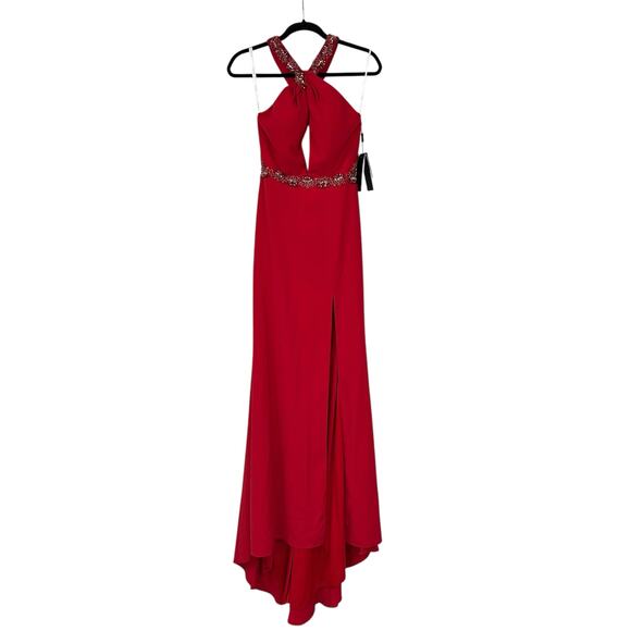 NWD Terani Couture Red Silver Beaded Cross Halter Long Evening Gown Womens 2 - Picture 1 of 7